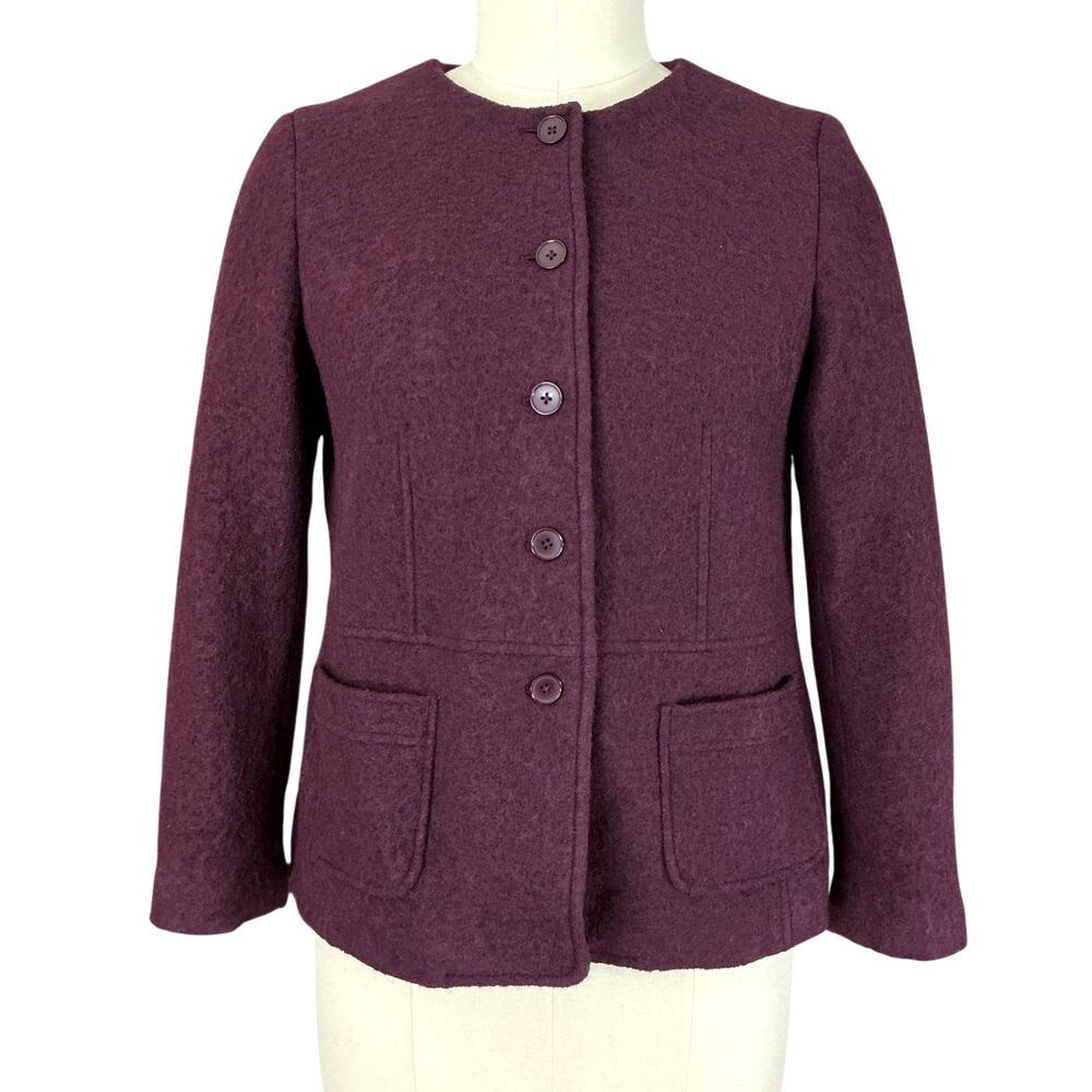 Talbots Boiled Wool Blazer 16P Petite Burgundy Pockets Collarless Office Preppy